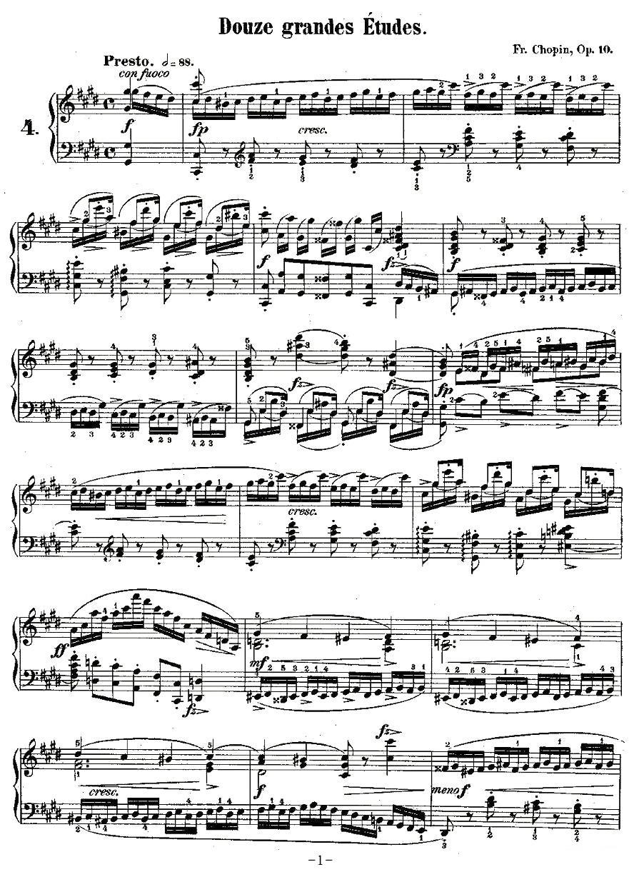 肖邦钢琴练习曲，Op.10之四钢琴曲谱（图1）