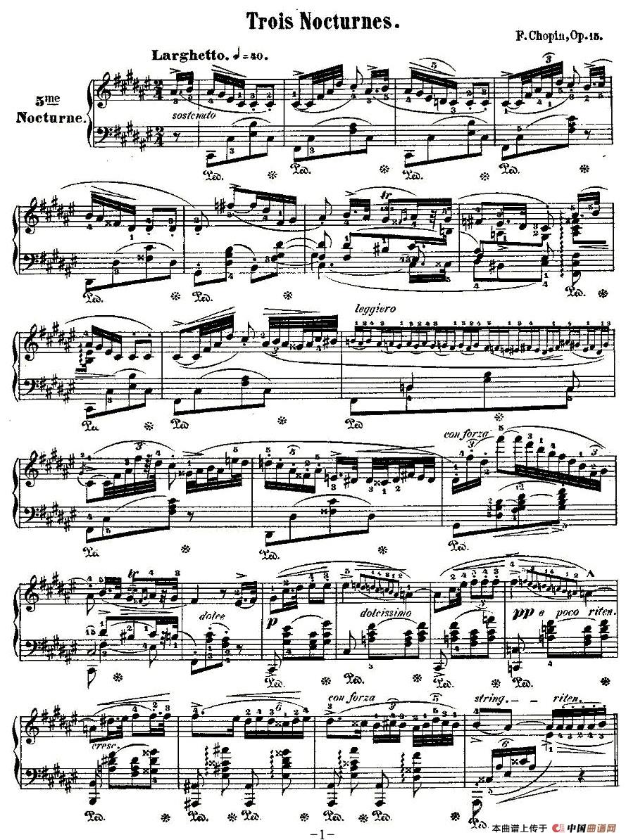 升F大调夜曲Op.15-2（Trois  Nocturnes）钢琴曲谱（图1）