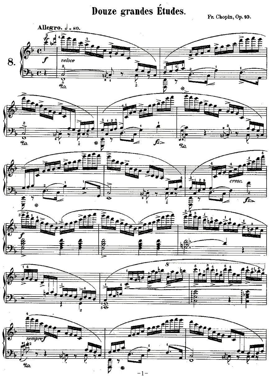 肖邦钢琴练习曲，Op.10之八钢琴曲谱（图1）