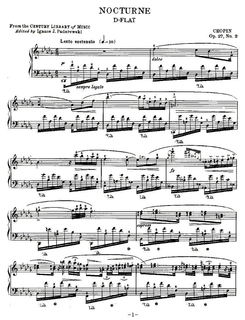 降D大调夜曲Op.27－2（Nocturne D-FLAT ）钢琴曲谱（图1）