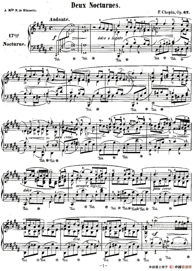 B大调夜曲Op.62－1（Deux  Nocturnes）钢琴曲谱（图1）