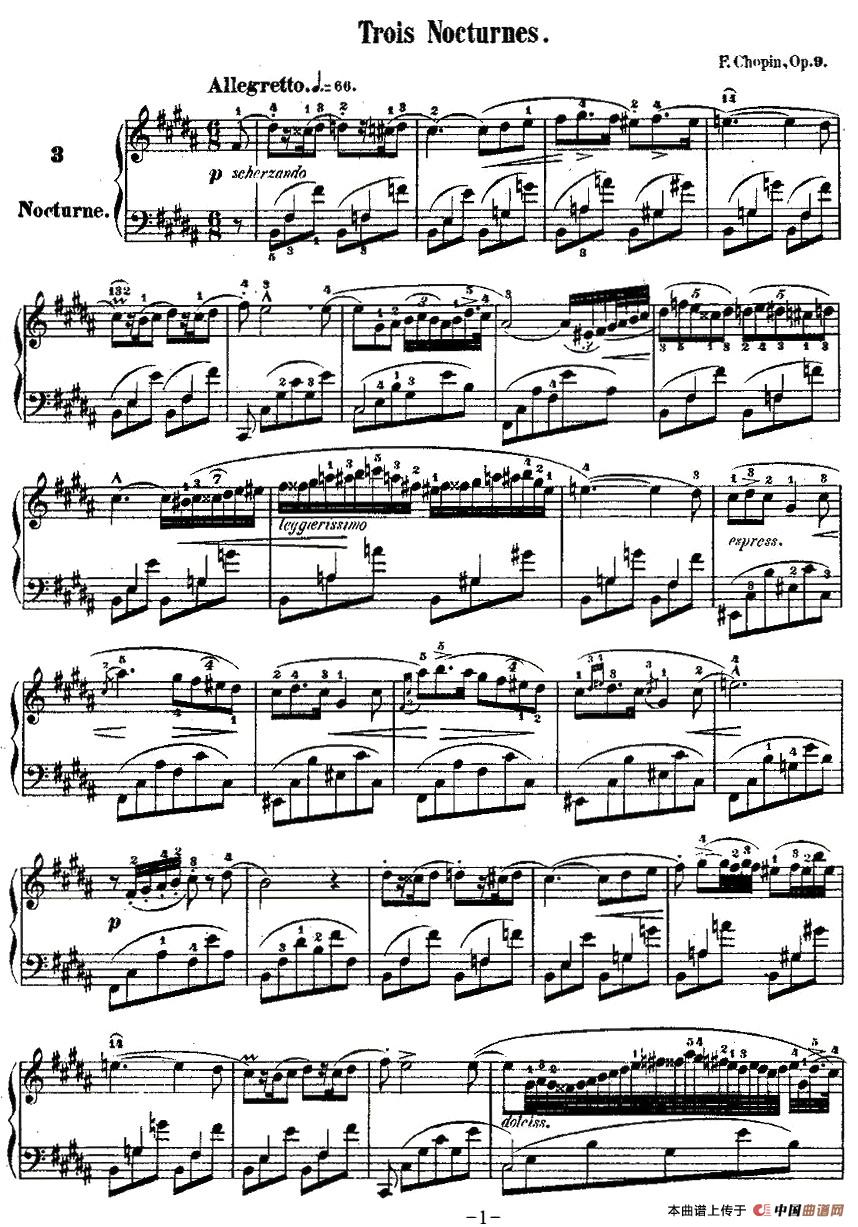 降B大调夜曲Op.9-3（Trois Nocturnes）钢琴曲谱（图1）