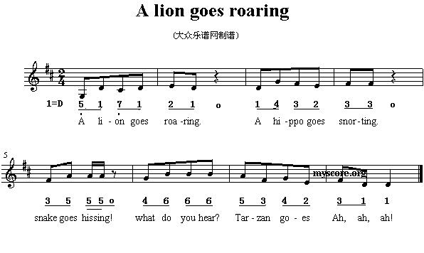 A lion goes roaring（英文儿歌、五线谱）钢琴曲谱（图1）
