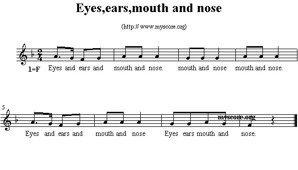 Eyes,ears,mouth and nose（英文儿歌、五线谱）钢琴曲谱（图1）