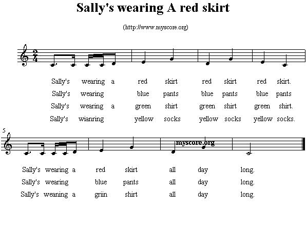 Sally's wearing a red skirt（英文儿歌、五线谱）钢琴曲谱（图1）