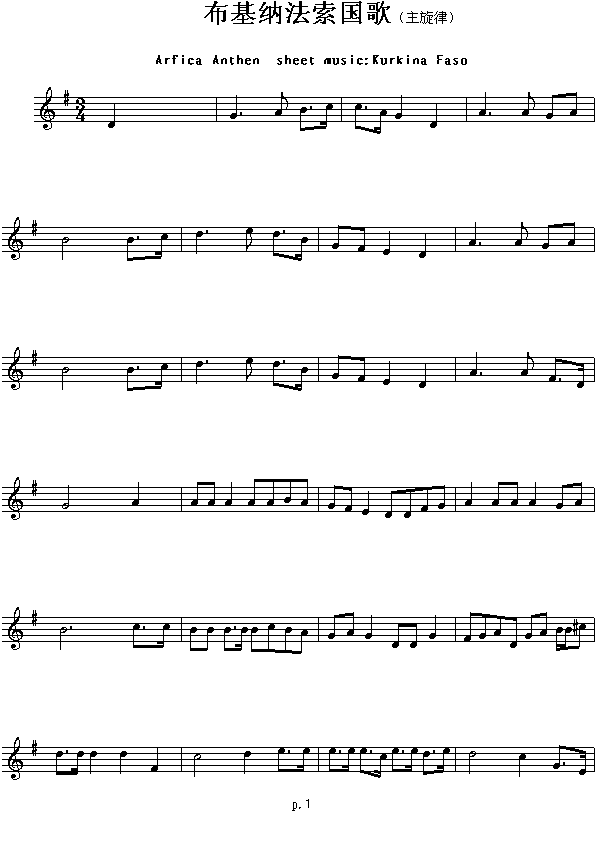 布基纳法索国歌（Arfica Anthen sheet music:Kurkina Fsao）钢琴曲谱（图1）