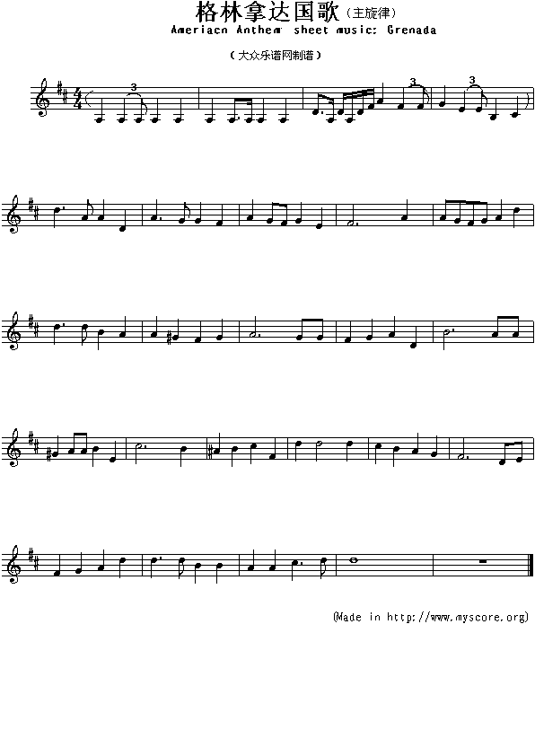 格林拿达国歌（Ameriacn Anthem sheet music:Grenada）钢琴曲谱（图1）