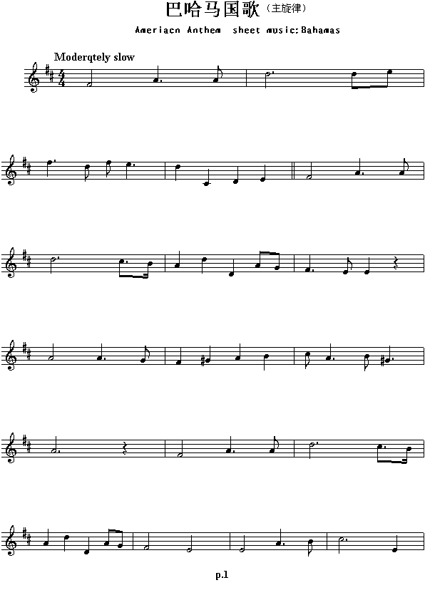 巴哈马国歌（Aeriacn Anthen sheet music:Bahamas）钢琴曲谱（图1）
