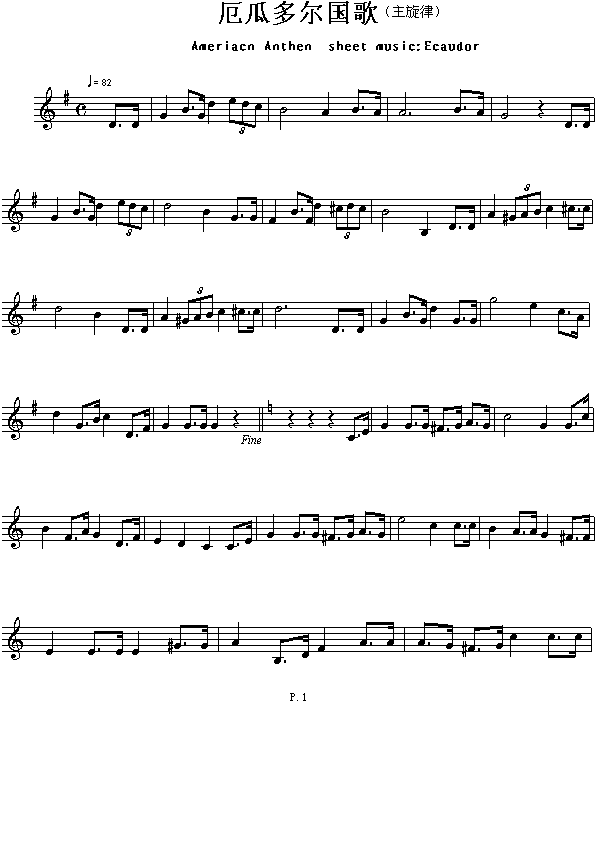 厄瓜多尔国歌（Ameriacn Anthen sheet music:Ecaudor）钢琴曲谱（图1）