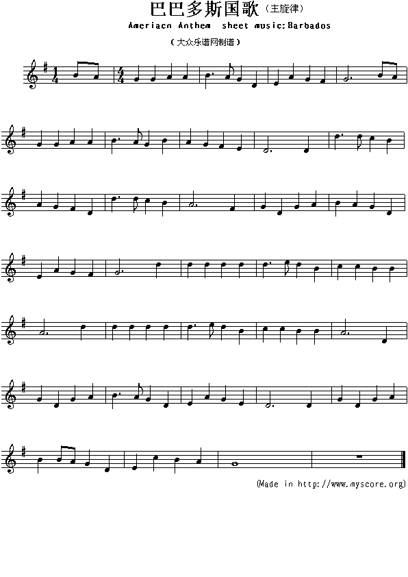 巴巴多斯国歌（Ameriacn Anthem sheet music:Barbados）钢琴曲谱（图1）