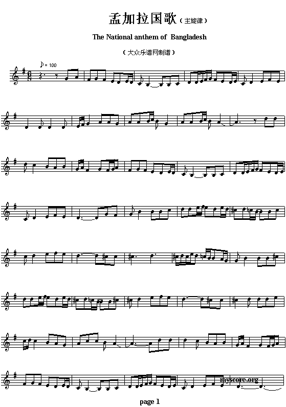孟加拉国歌（The National anthem of Bangladesh）钢琴曲谱（图1）