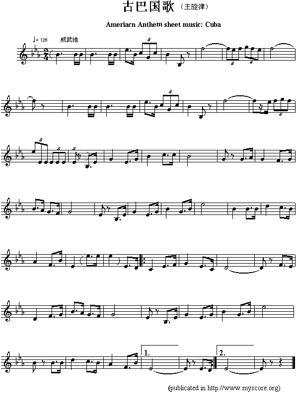 古巴国歌（Ameriacn Anthem sheet music:Cuba)钢琴曲谱（图1）