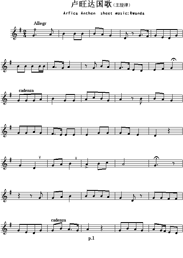 卢旺达国歌（Arfica Anthen sheet music:Rwanda）钢琴曲谱（图1）