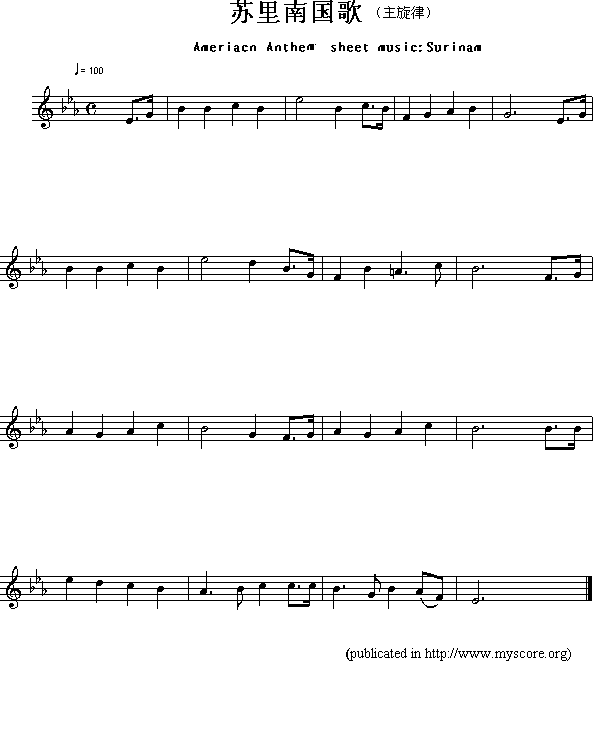 苏里南国歌（Ameriacn Anthem sheet music:Surinam）钢琴曲谱（图1）