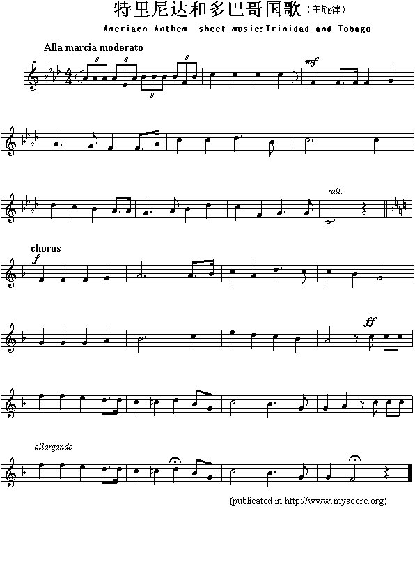 特立尼达和多巴哥国歌（Ameriacn Anthem sheet music:Trinidad and Tobago）钢琴曲谱（图1）