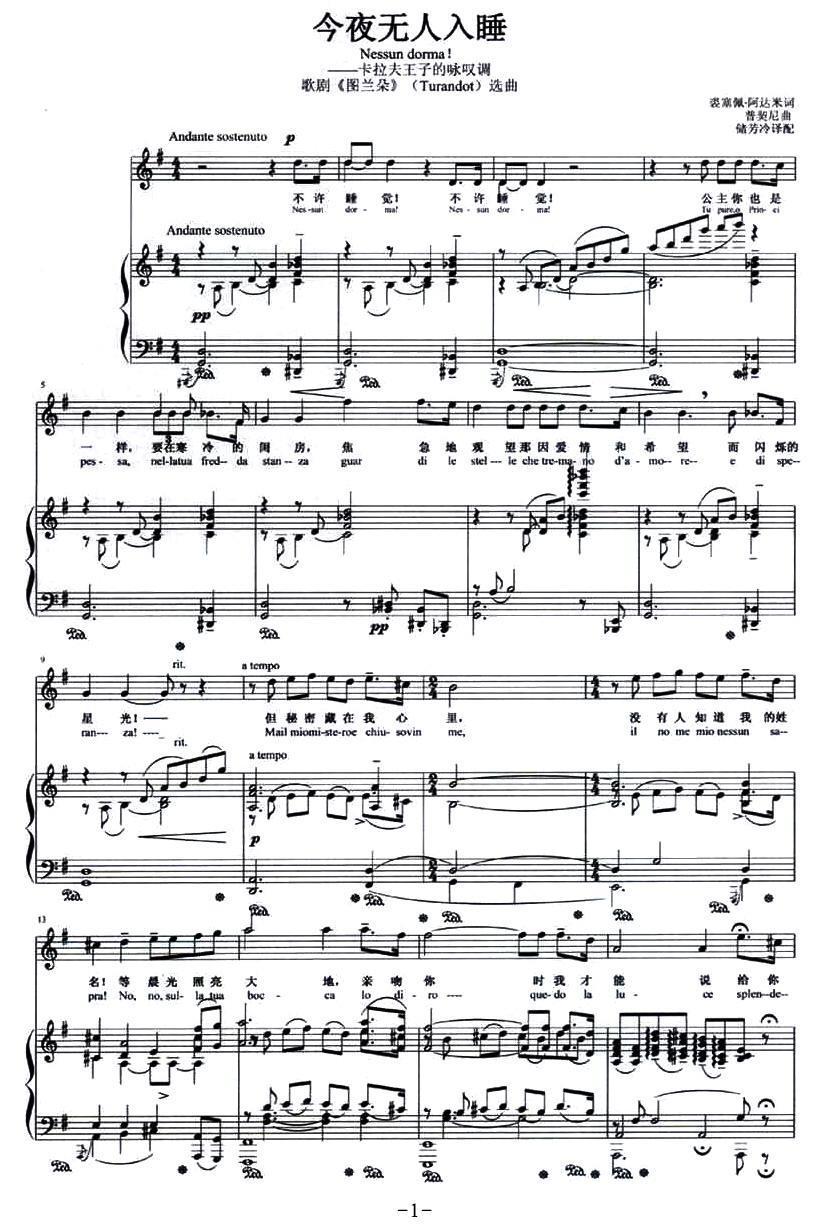 今夜无人入睡（歌剧《图兰朵》选曲、正谱）钢琴曲谱（图1）