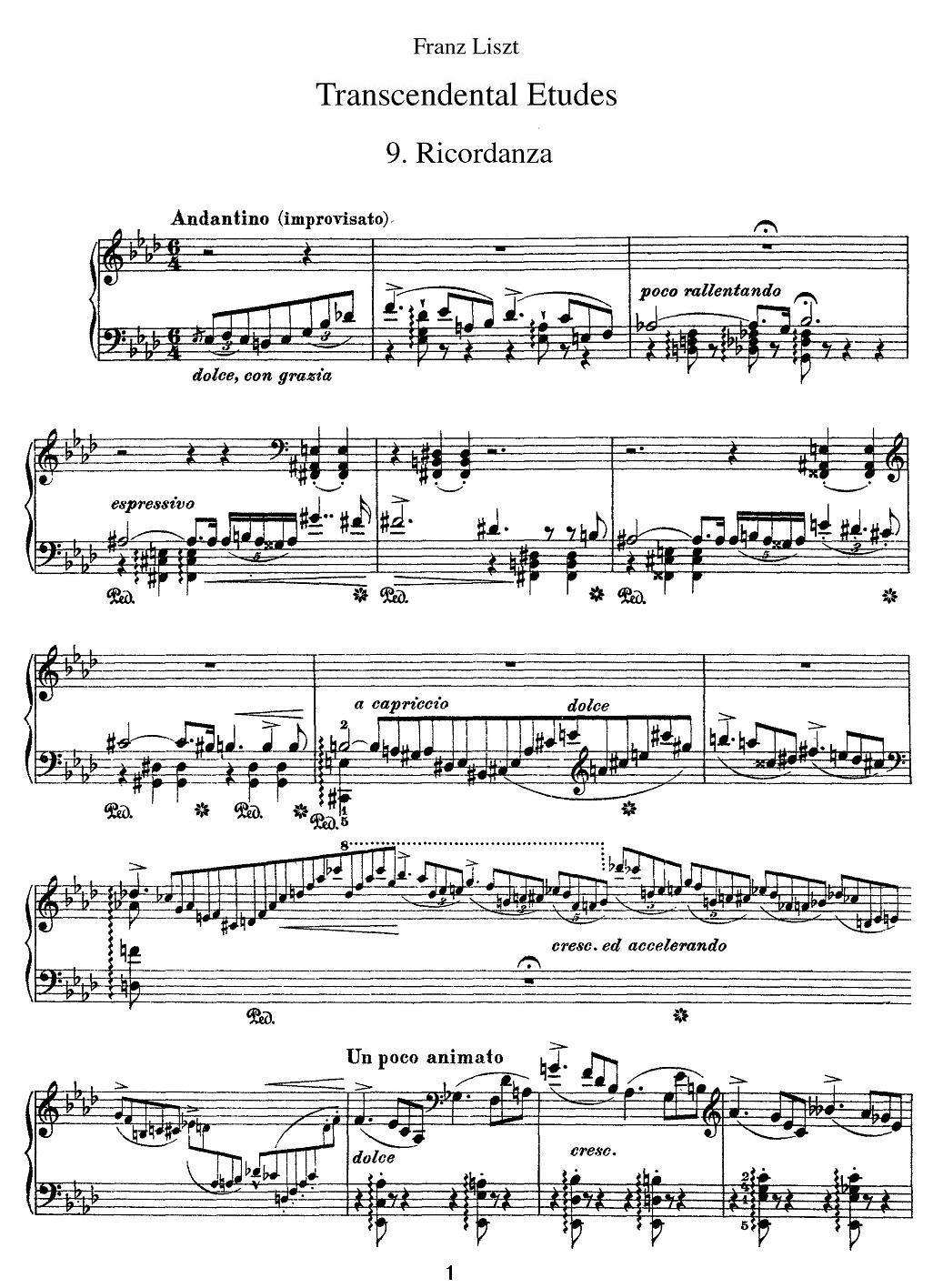 12首超级技巧练习曲：Ricordanza（回忆）钢琴曲谱（图1）