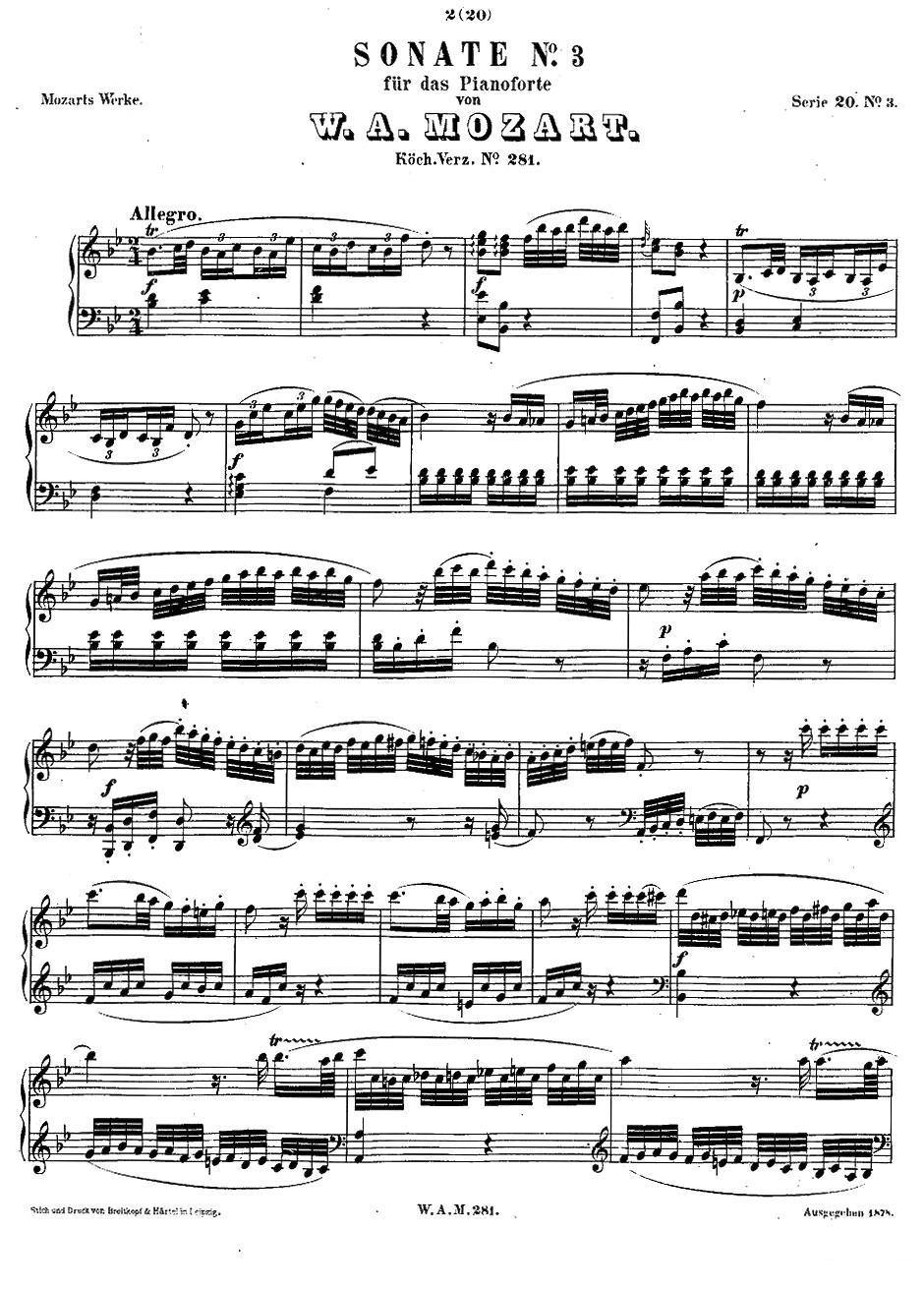 降B大调第三钢琴奏鸣曲 KV.281 钢琴曲谱（图1）