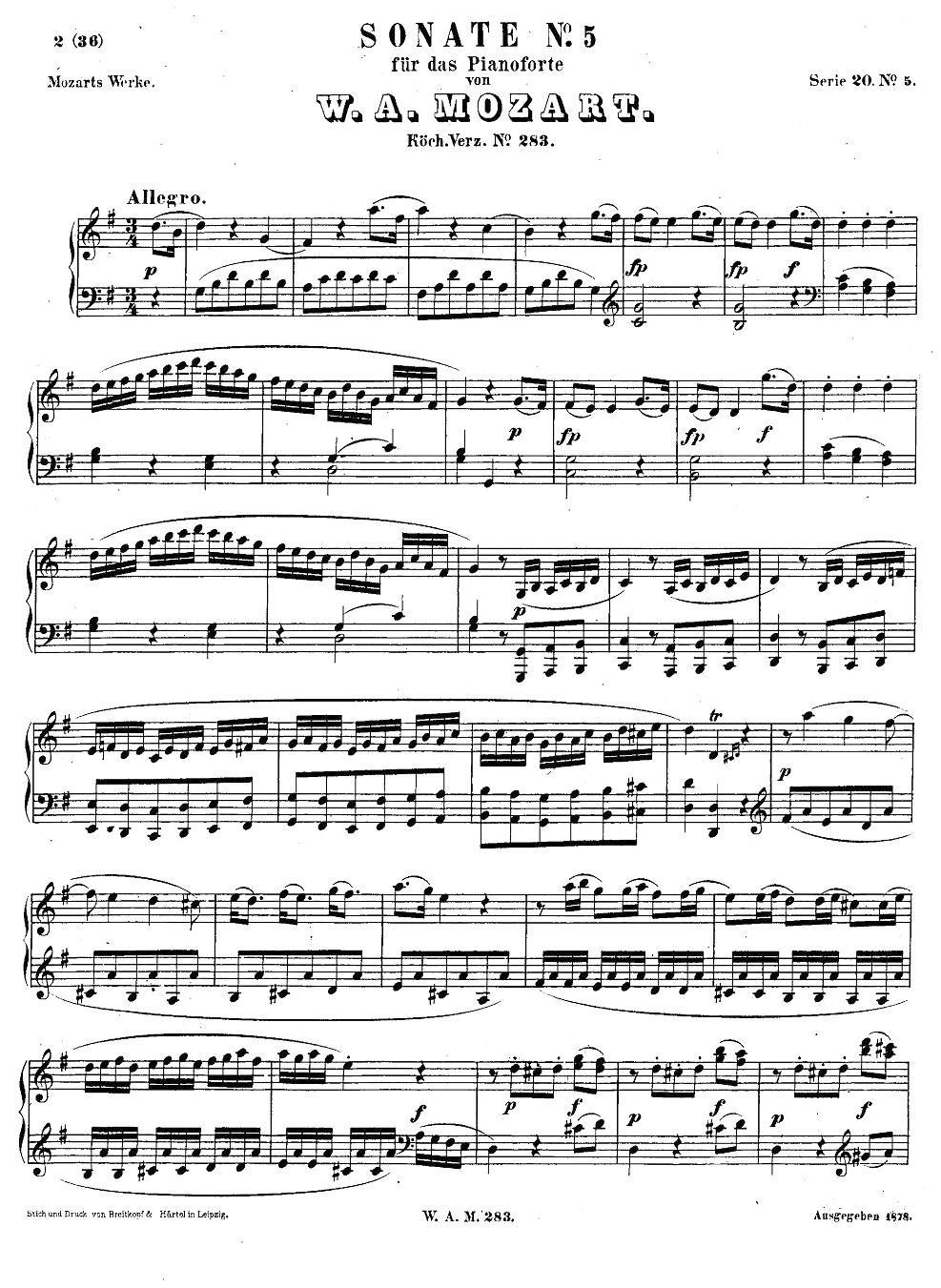 G大调第五钢琴奏鸣曲 KV.283 钢琴曲谱（图1）