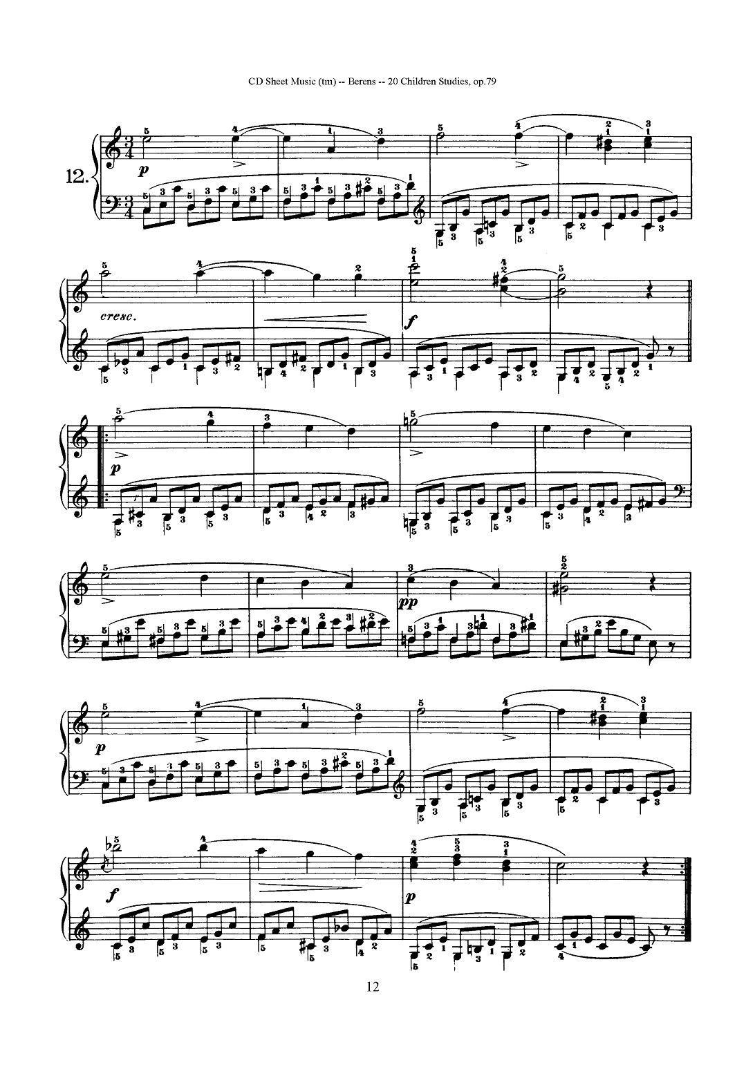 贝伦斯20首儿童钢琴练习曲（11—20）钢琴曲谱（图2）