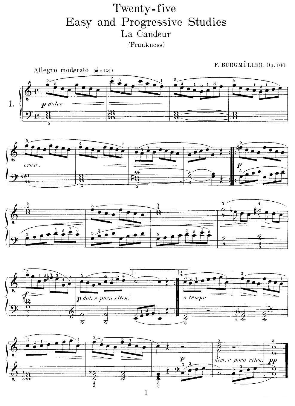 布尔格缪勒-25首钢琴进阶练习曲 Op.100（1、坦速）钢琴曲谱（图1）