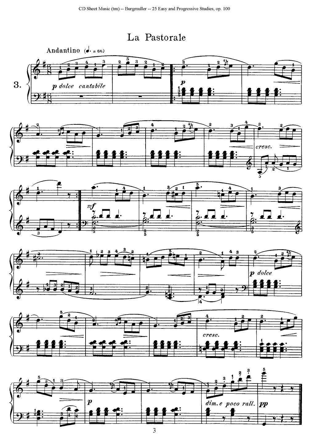 布尔格缪勒-25首钢琴进阶练习曲 Op.100（3、牧歌）钢琴曲谱（图1）
