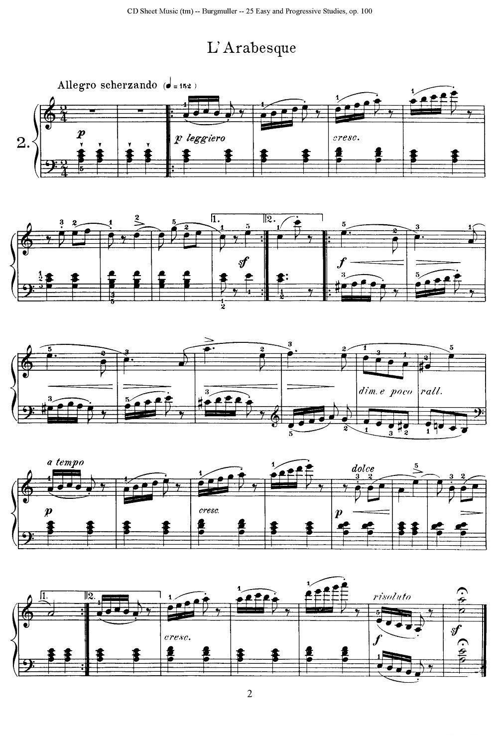 布尔格缪勒-25首钢琴进阶练习曲 Op.100（2、阿拉伯风格曲）钢琴曲谱（图1）