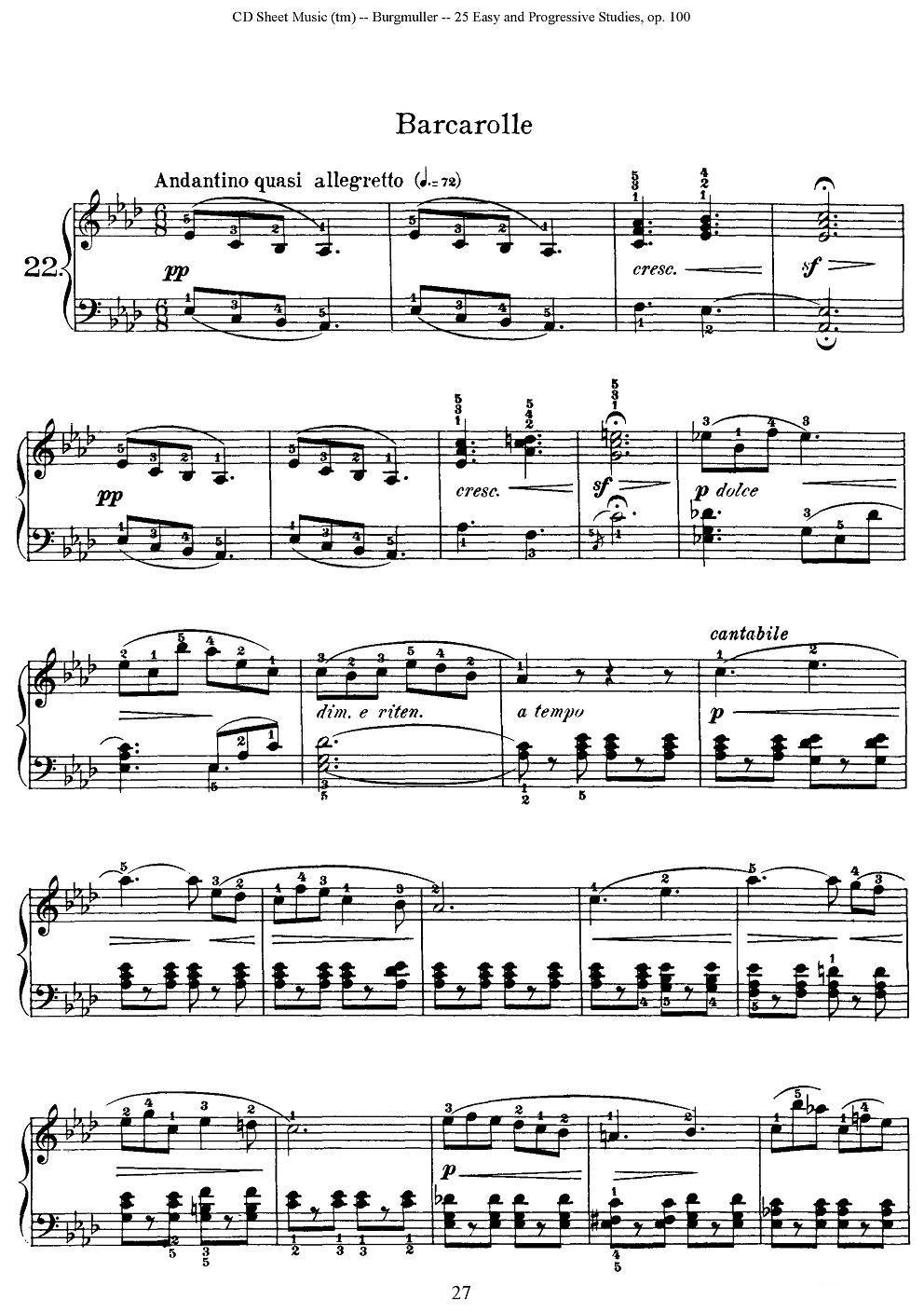 布尔格缪勒-25首钢琴进阶练习曲 Op.100（22、船歌）钢琴曲谱（图1）