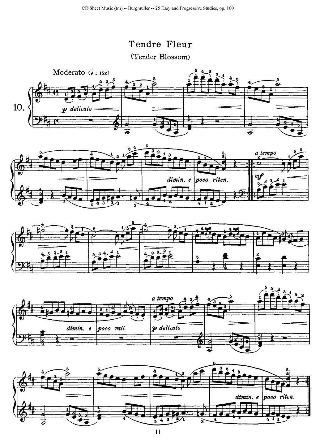 布尔格缪勒-25首钢琴进阶练习曲 Op.100（10、娇嫩的花）钢琴曲谱（图1）