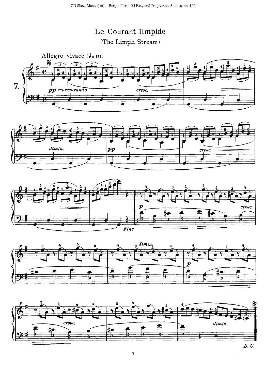 布尔格缪勒-25首钢琴进阶练习曲 Op.100（7、清澈的河水）钢琴曲谱（图1）