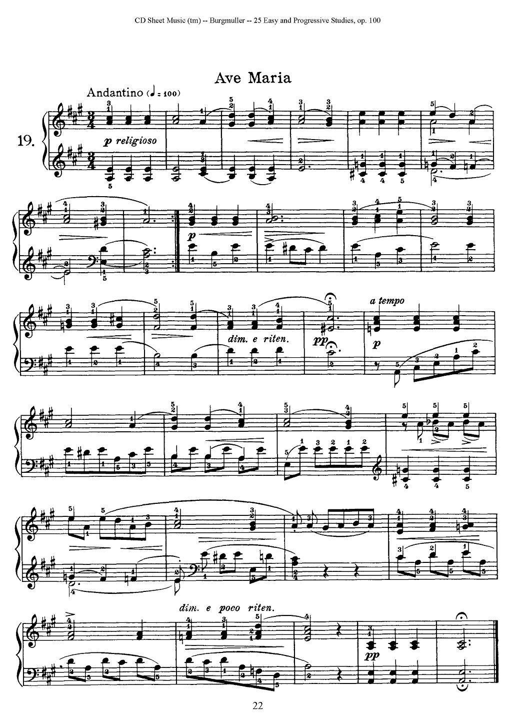布尔格缪勒-25首钢琴进阶练习曲 Op.100（19、圣母颂）钢琴曲谱（图1）