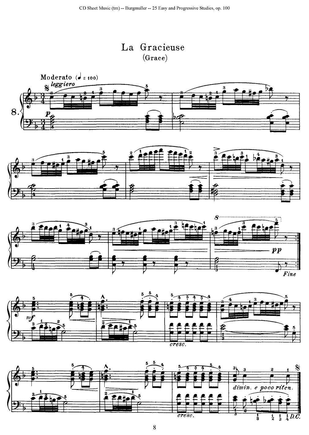 布尔格缪勒-25首钢琴进阶练习曲 Op.100（8、美资）钢琴曲谱（图1）