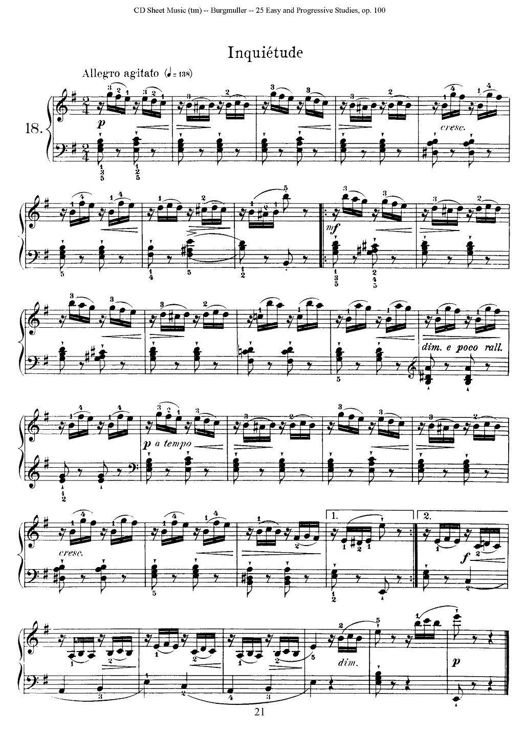 布尔格缪勒-25首钢琴进阶练习曲 Op.100（18、烦恼）钢琴曲谱（图1）