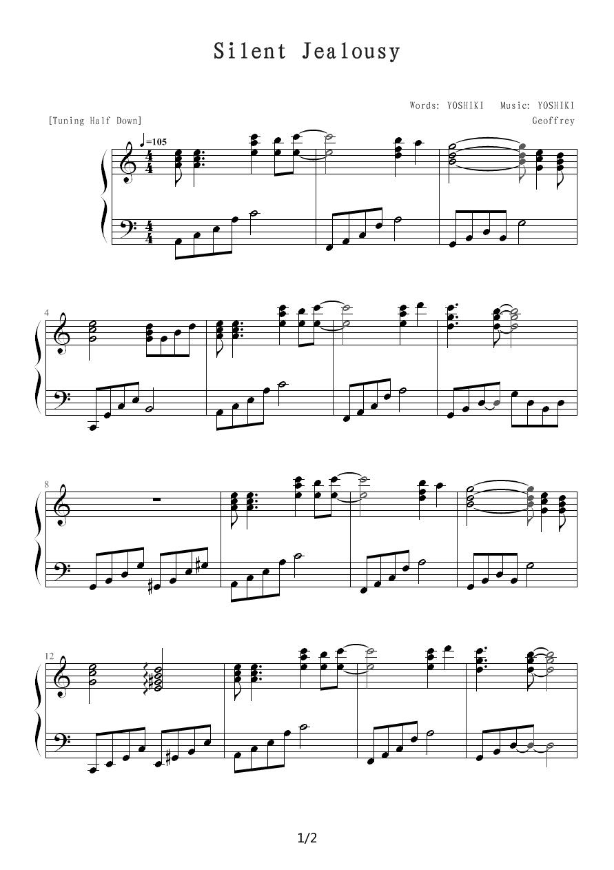 Silent Jealousy（前奏部分）钢琴曲谱（图1）