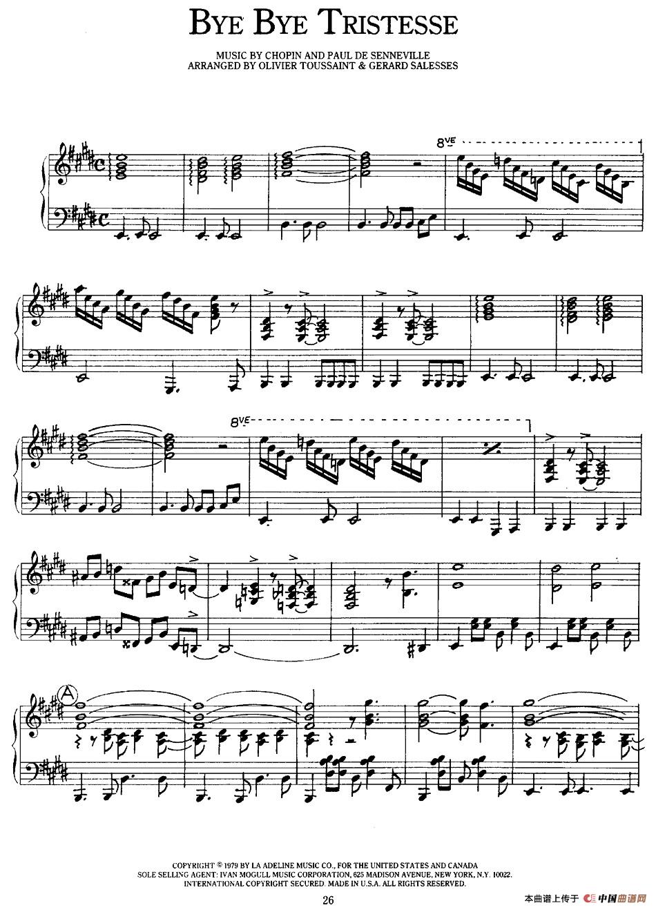  Bye Bye Tristesse（告别悲伤）钢琴曲谱（图1）