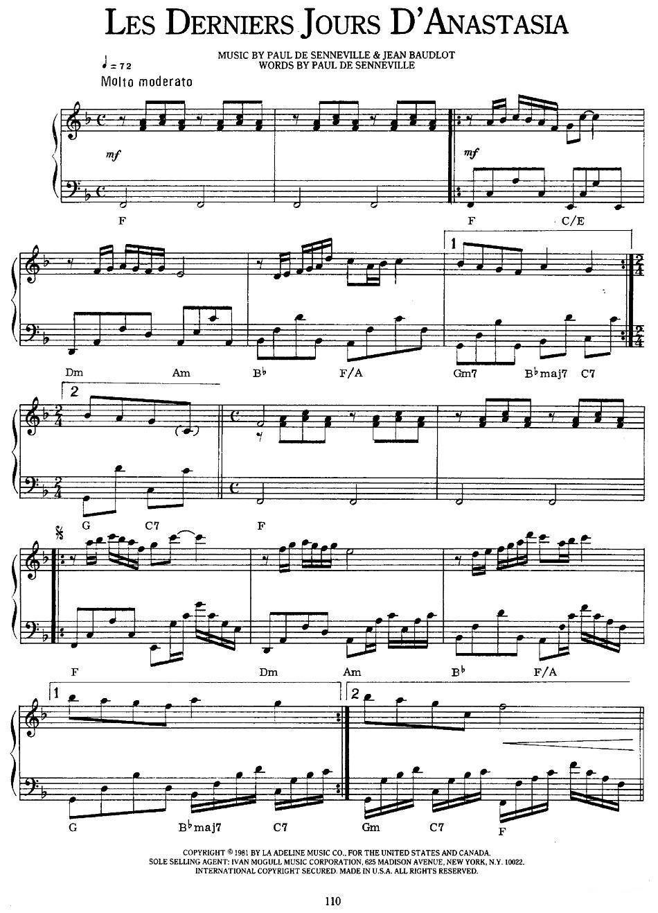 Les Derniers Jours D‘Anastasia钢琴曲谱（图1）