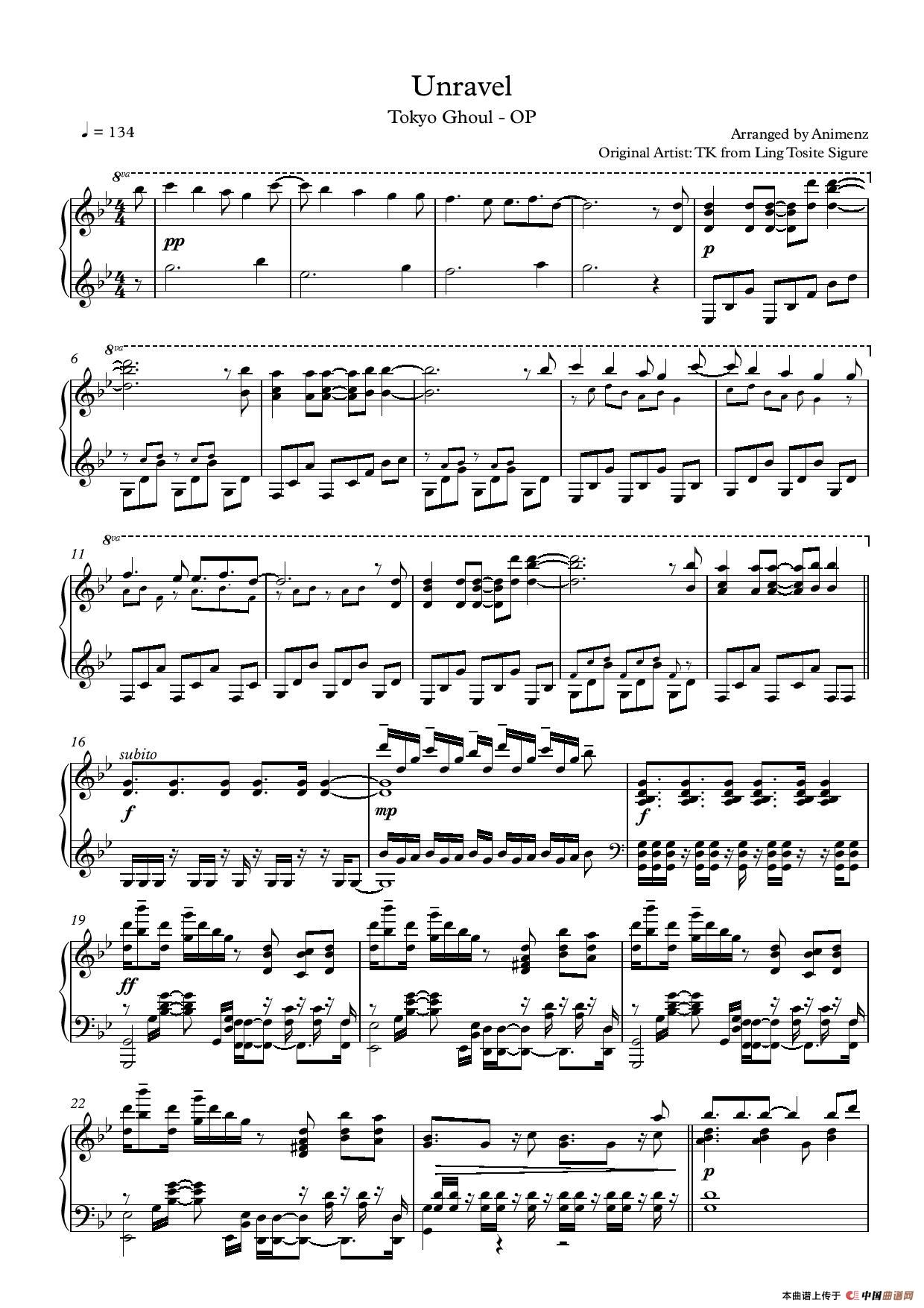 Unravel钢琴曲谱（图1）