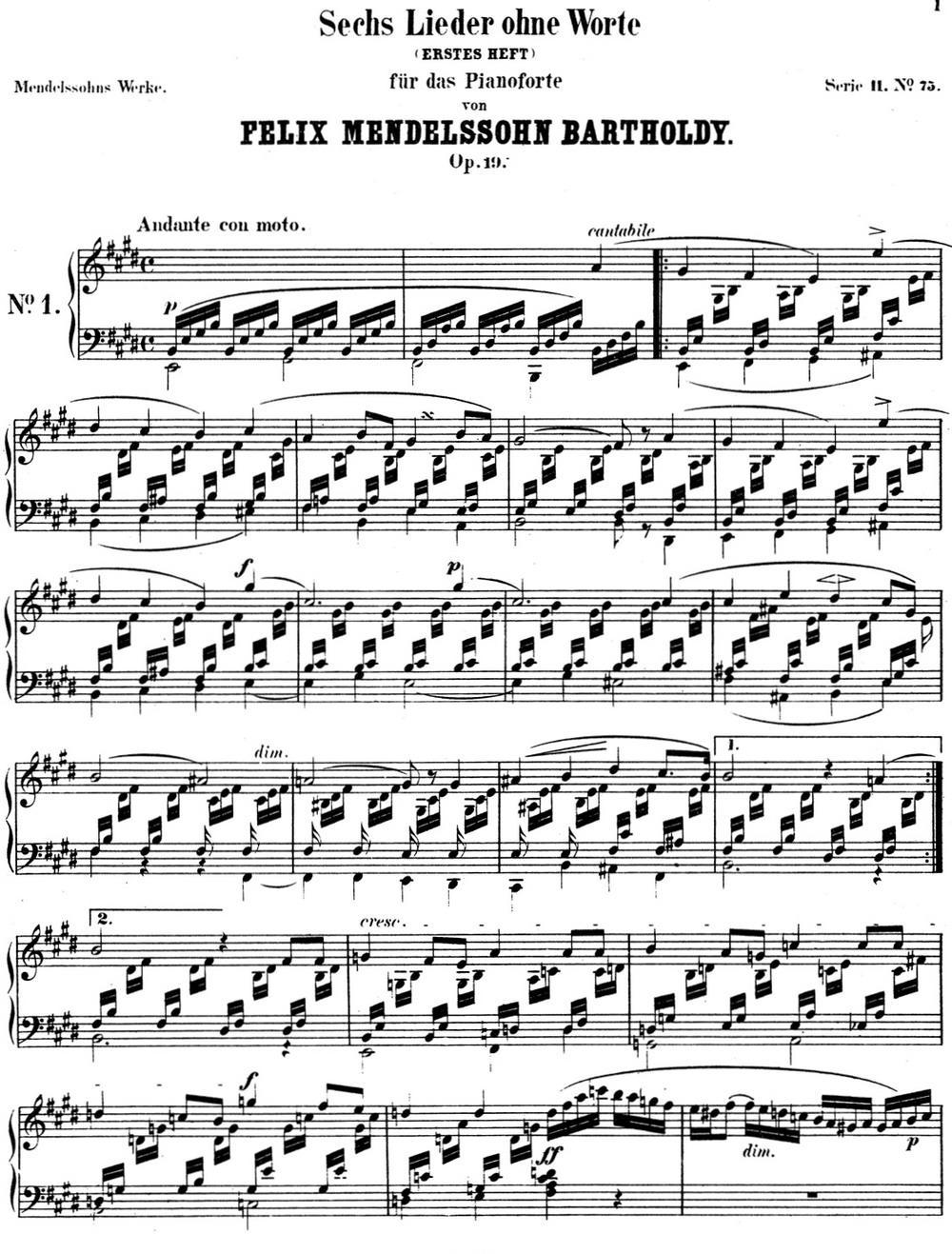 门德尔松无词歌Op.19（NO.1）钢琴曲谱（图1）