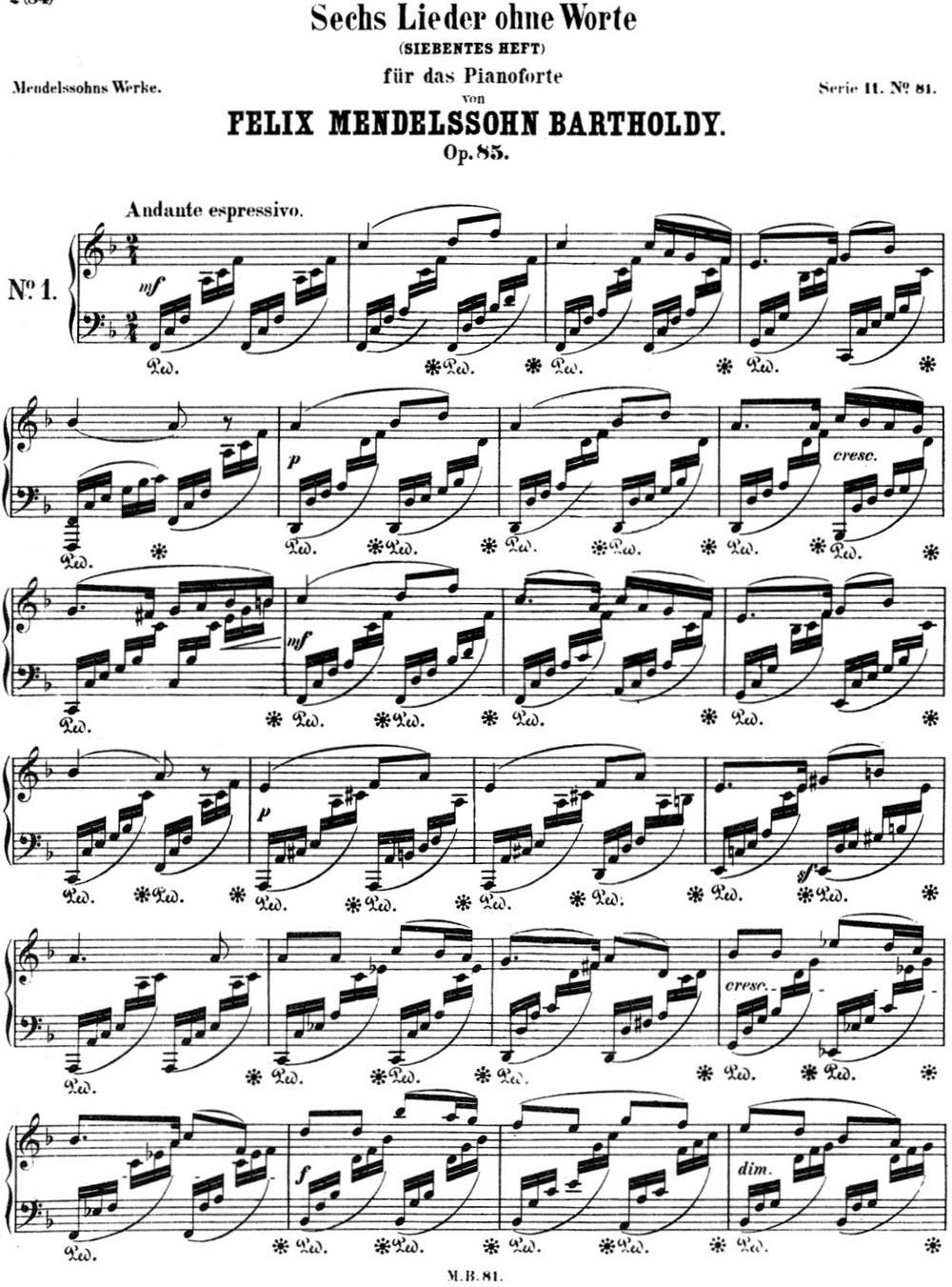门德尔松无词歌Op.85（NO.1）钢琴曲谱（图1）