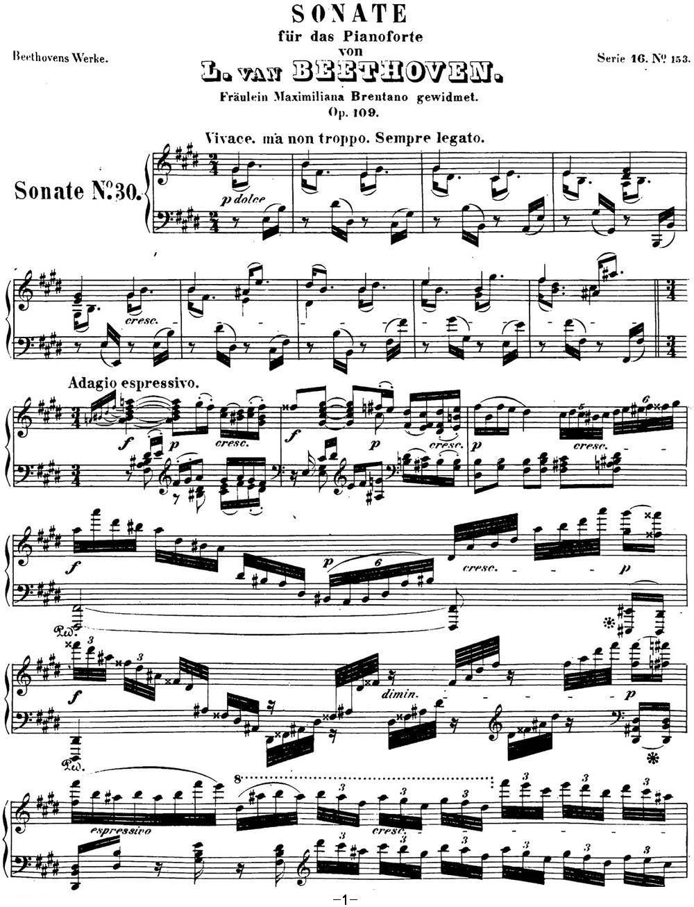 贝多芬钢琴奏鸣曲30 E大调 Op.109 E major钢琴曲谱（图1）
