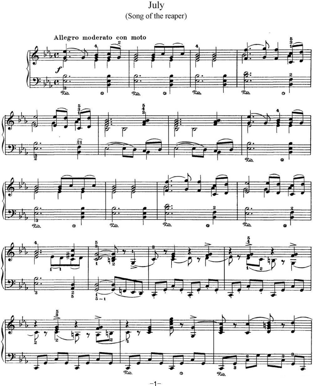 柴可夫斯基 四季 7月 割草人之歌 降E大调 Reapers Song E flat major钢琴曲谱（图1）
