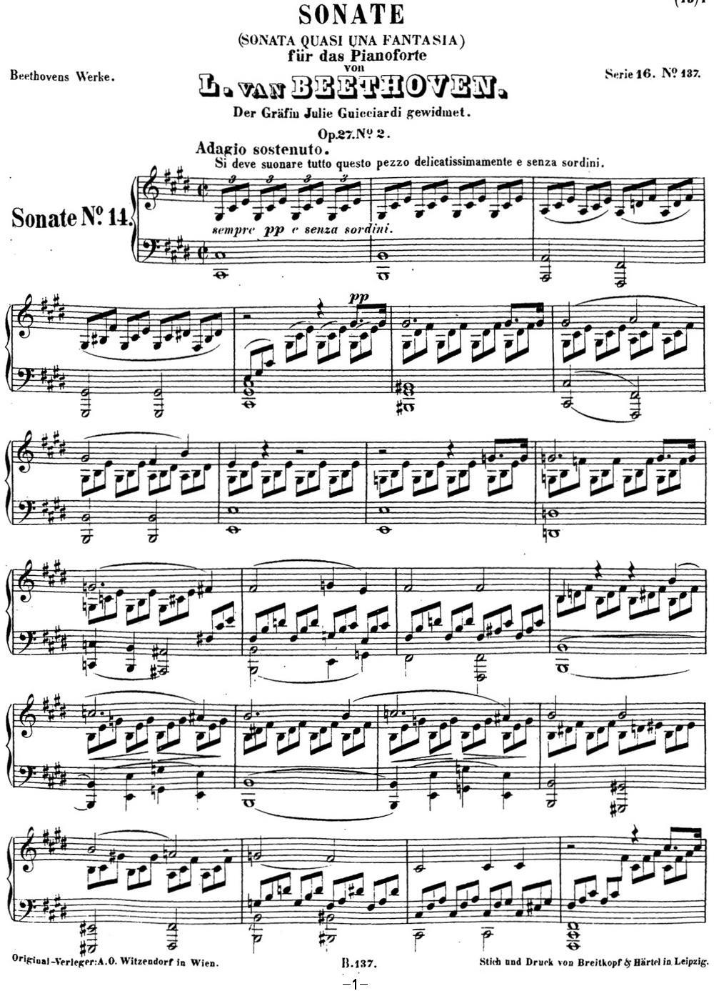 贝多芬钢琴奏鸣曲14 月光 升c小调 Op.27 No.2 C-sharp minor钢琴曲谱（图1）