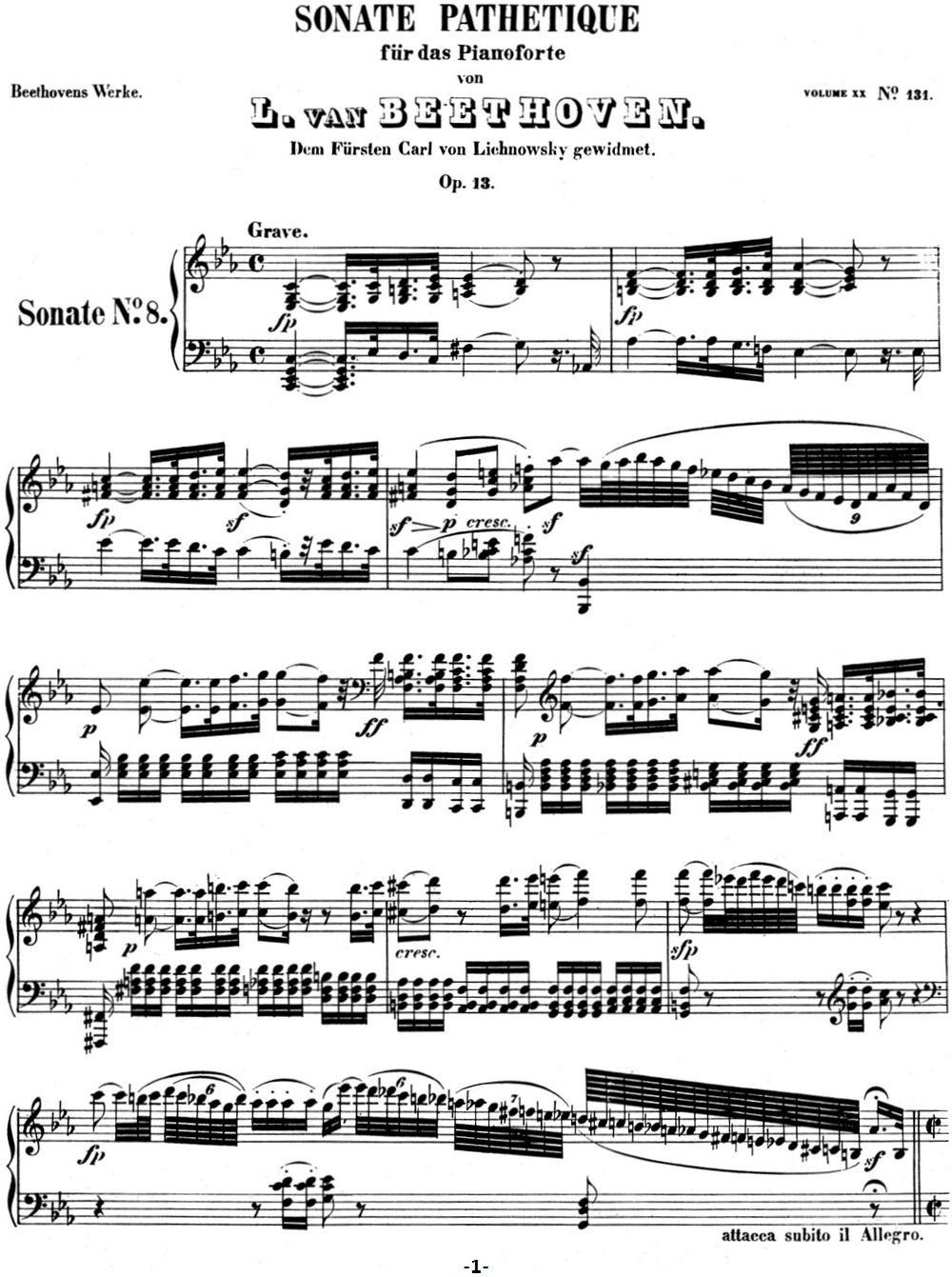 贝多芬钢琴奏鸣曲08 悲怆 C小调 Op.13 C minor钢琴曲谱（图1）