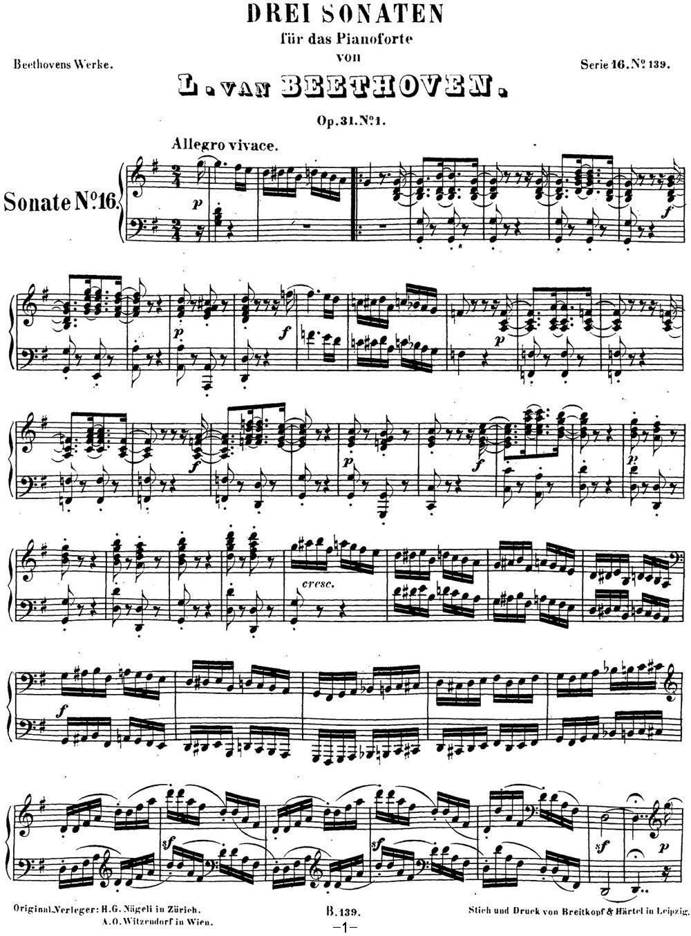 贝多芬钢琴奏鸣曲16 G大调 Op.31 No.1 G major钢琴曲谱（图1）