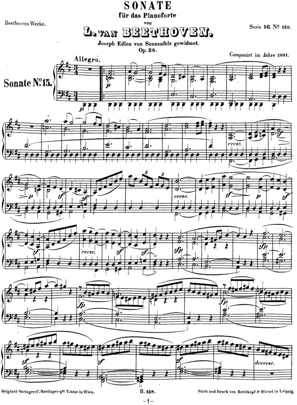 贝多芬钢琴奏鸣曲15 田园 D大调 Op.28 D major钢琴曲谱（图1）