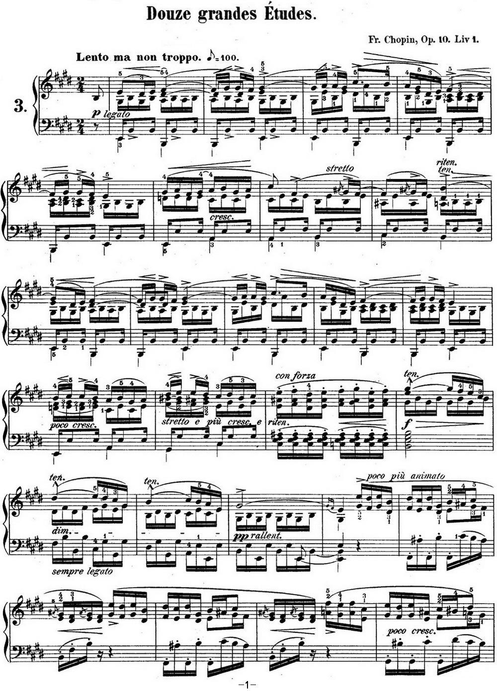 肖邦练习曲3 Op.10 No.3 离别 E大调 E major Tristesse钢琴曲谱（图1）