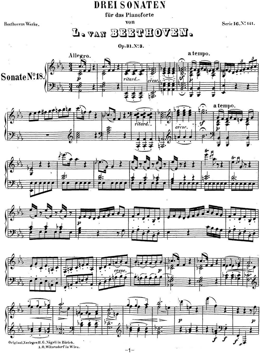 贝多芬钢琴奏鸣曲18 狩猎 降E大调 Op.31 No.3 E-flat major钢琴曲谱（图1）