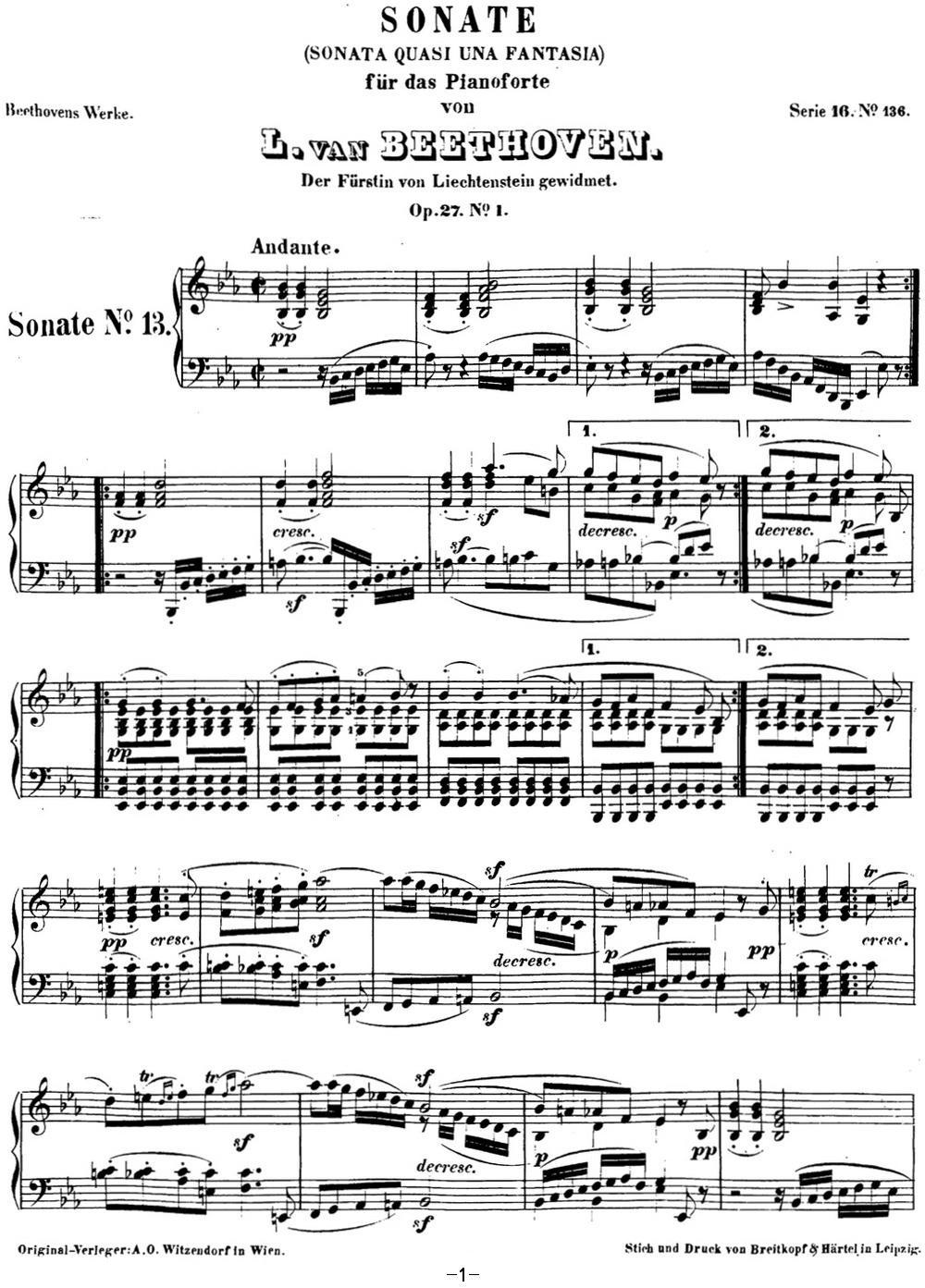 贝多芬钢琴奏鸣曲13 幻想奏鸣曲 降E大调 Op.27 No.1 E-flat major钢琴曲谱（图1）
