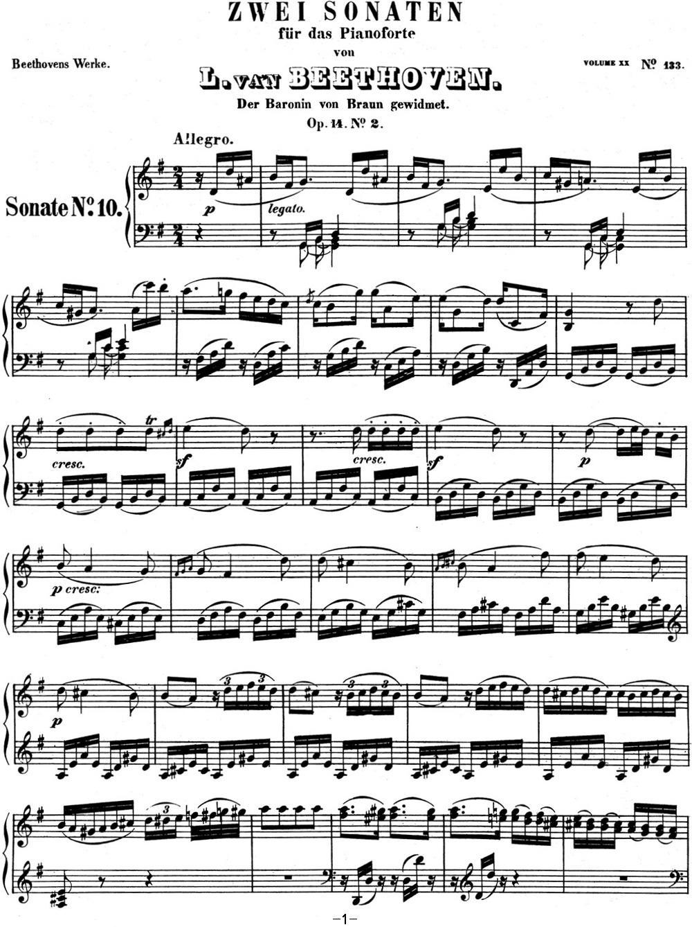 贝多芬钢琴奏鸣曲10 G大调 Op.14 No.2 G major钢琴曲谱（图1）