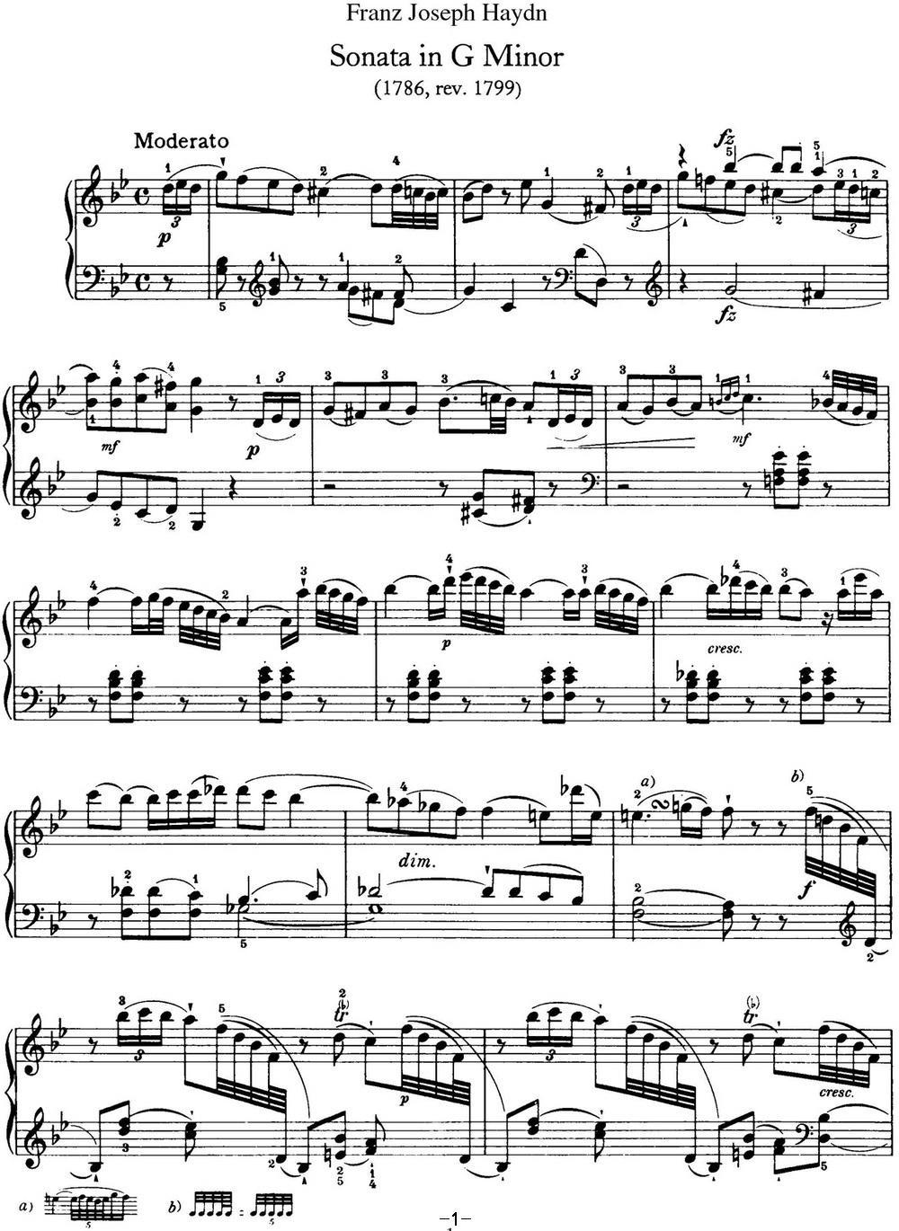 海顿 钢琴奏鸣曲 Hob XVI 44 in G minor钢琴曲谱（图1）